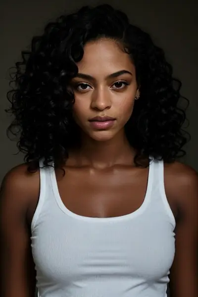 A woman with curly black hair, wearing a white tank top, is shown from the chest up. She is looking directly at the camera with a neutral expression. Her face, neck, and shoulders…