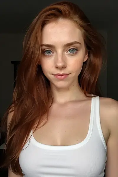 A young woman with long, wavy red hair and blue eyes is shown from the chest up. She is wearing a white tank top and has a neutral facial expression while looking directly at the …