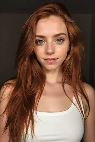 A young woman with long, wavy red hair and green eyes is shown from the chest up. She is wearing a white tank top and has a neutral facial expression while looking directly at the…