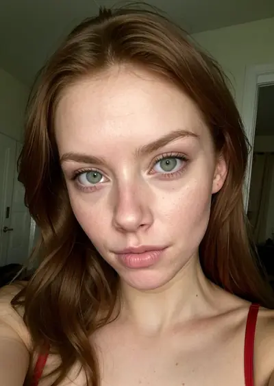 A woman with long, wavy red hair and green eyes is looking directly at the camera. She has freckles on her face and is wearing a red top with thin straps. Her face is visible, sho…