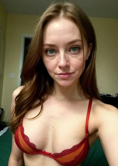 A woman with long brown hair and green eyes is wearing a red lace bra. Her face is visible, showing freckles and a neutral expression. Her upper body is visible, including her che…