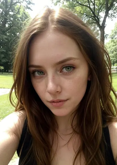 A young woman with long brown hair, freckles, and green eyes looks directly at the camera. She has a neutral facial expression with her lips slightly parted. She is wearing a blac…
